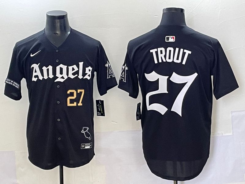Men 2025 Los Angeles Angels #27 Trout Black Five generations Joint Name Nike MLB Jersey style 4